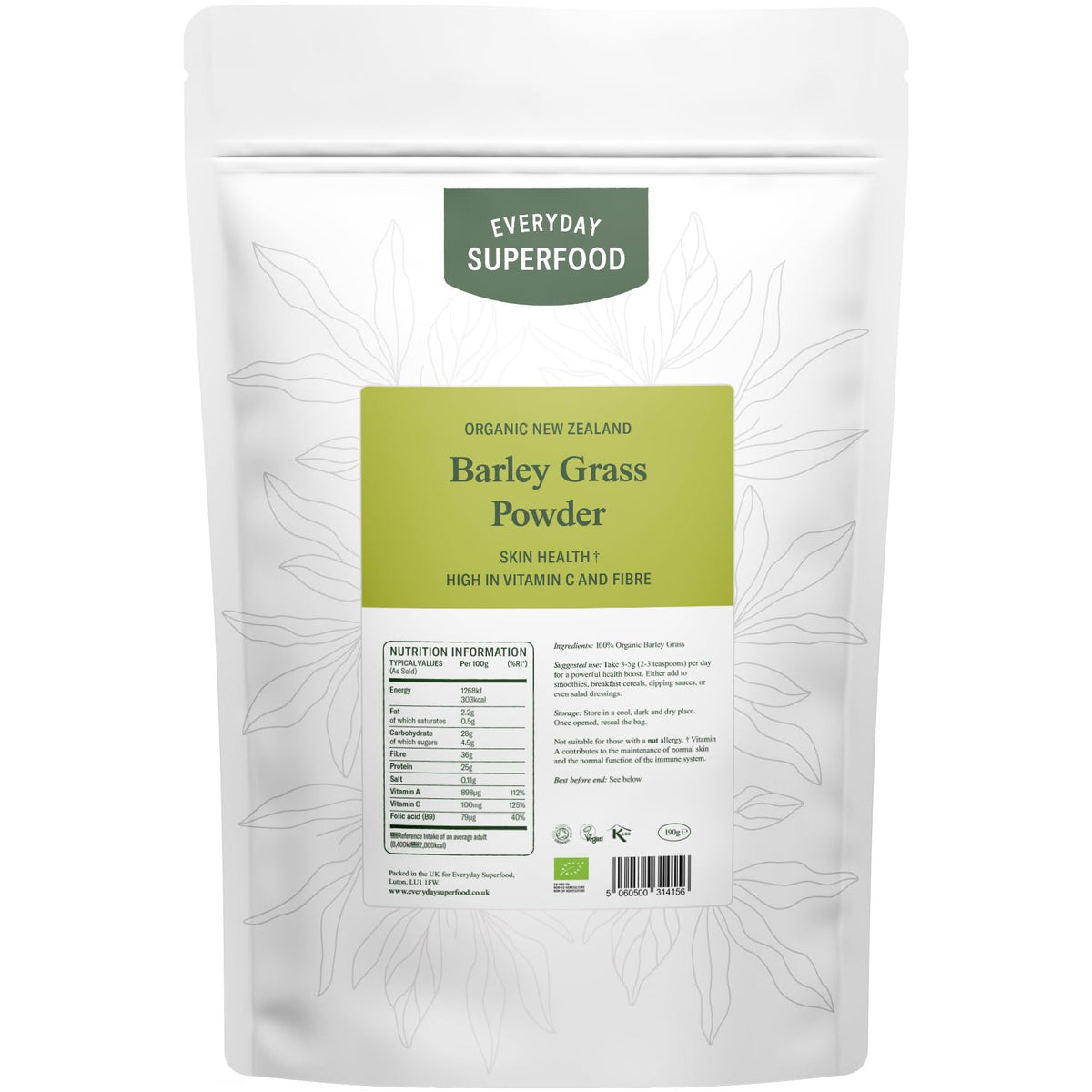 Everyday Superfood Organic New Zealand Barley Grass Powder 190g, Green Fine Milled Barley Grass Ideal in Juice and Smoothies