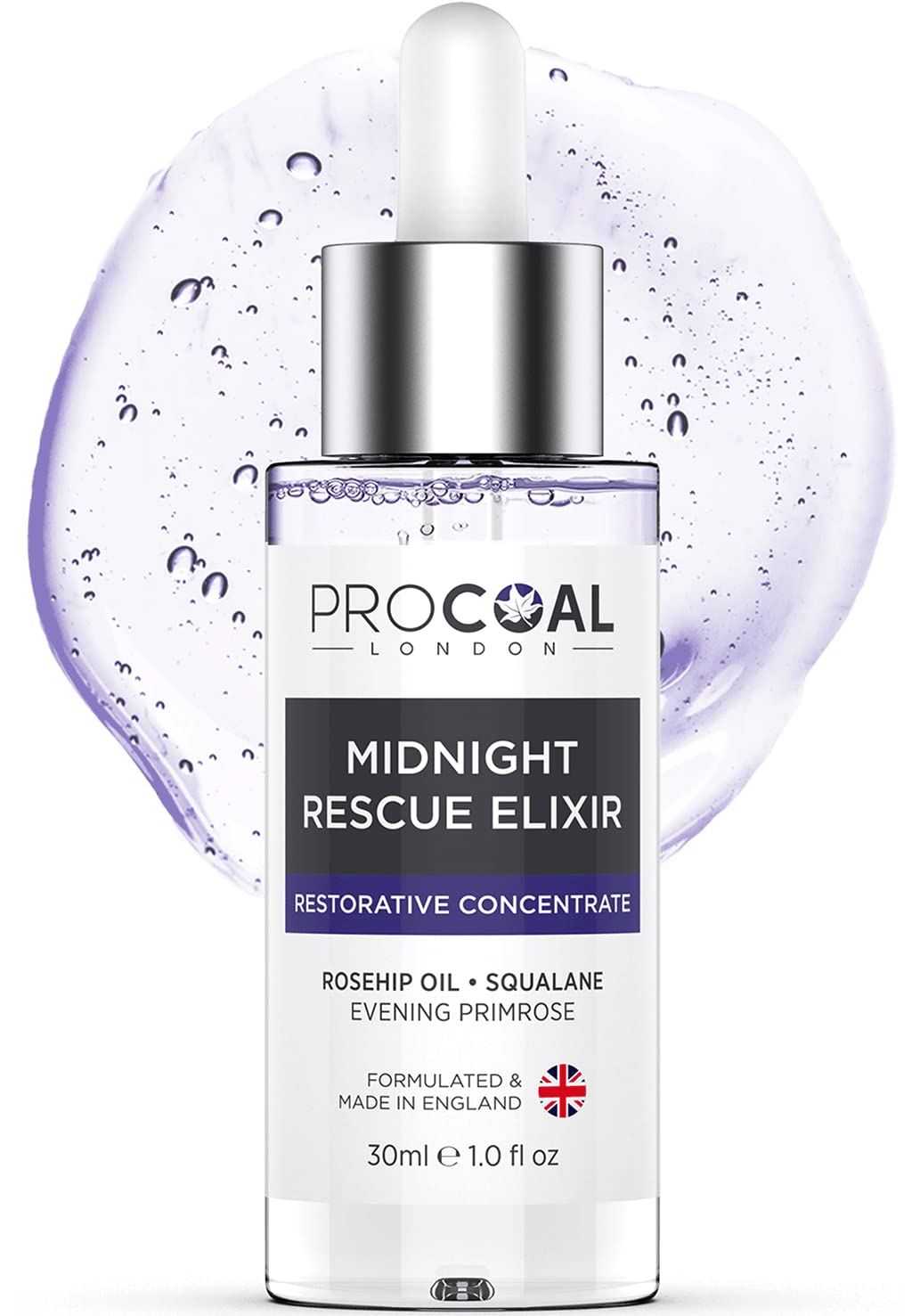Face Oil, Midnight Rescue Elixir Face Oil Serum 30ml by Procoal - Anti Ageing Face Serum For Soft, Supple, and Glowing Skin, Rosehip Face Oil, Evening Primrose & Squalane, Made in UK
