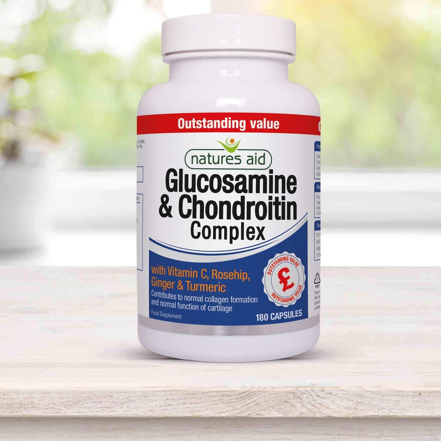 Natures Aid Glucosamine and Chondroitin Complex, with Vitamin C, Rosehip, Ginger and Turmeric, 180 Capsules,package may vary