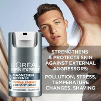 L'Oreal Men Expert Sensitive Skin Moisturiser, Magnesium Defence, Hypoallergenic 24H Daily Mens Moisturiser, With Magnesium Mineral And Hyaluronic Acid, 50ml