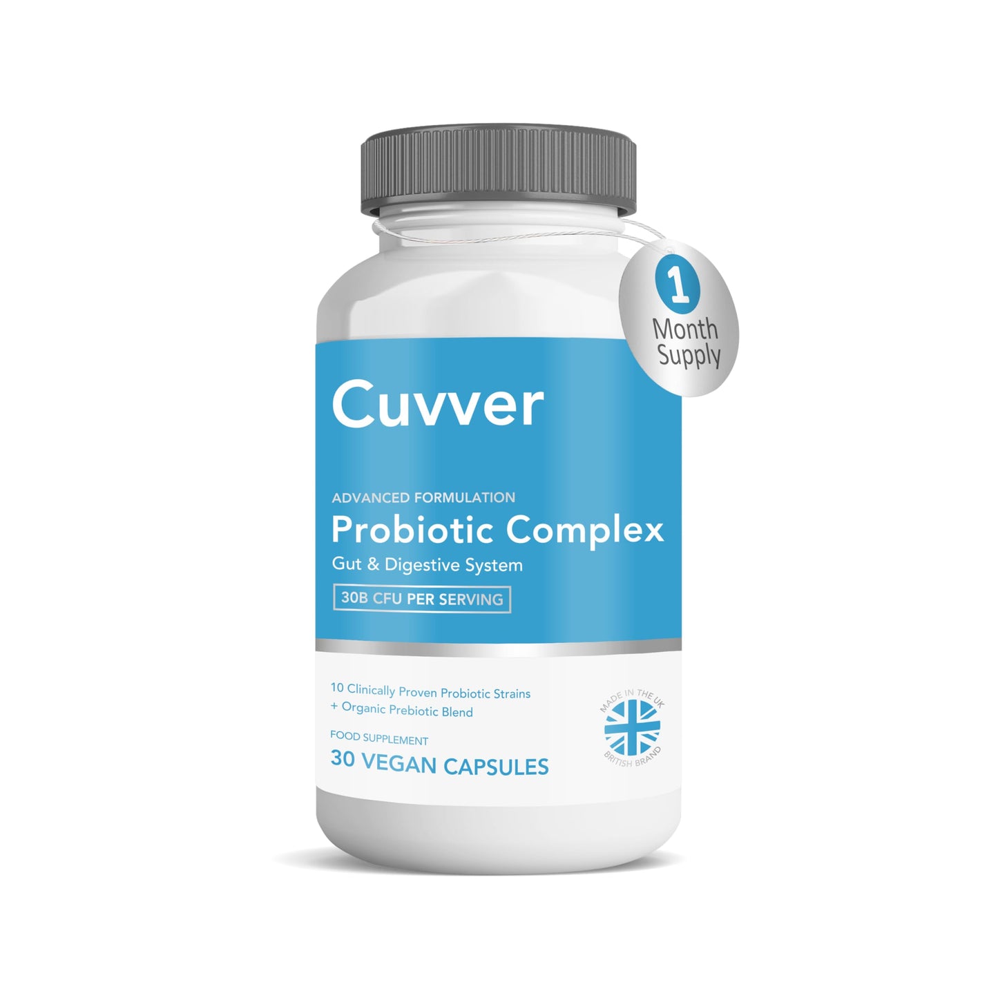 Cuvver Probiotics & Organic Prebiotics Complex - 30 Billion CFU, 1 Month Supply, 10 Live Bacterial Cultures, Gut Health Supplement - Bloating & Digestion - Made in UK, 30 Vegan Capsules