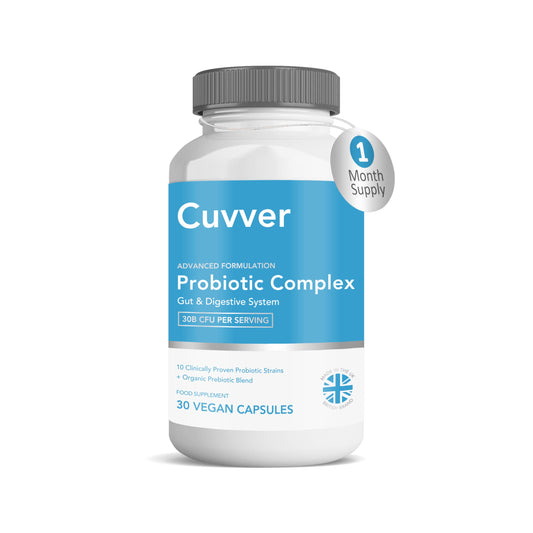 Cuvver Probiotics & Organic Prebiotics Complex - 30 Billion CFU, 1 Month Supply, 10 Live Bacterial Cultures, Gut Health Supplement - Bloating & Digestion - Made in UK, 30 Vegan Capsules