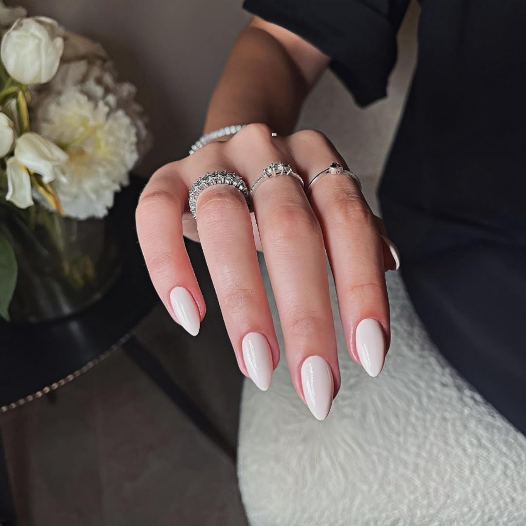 All White Press on Nails Short Almond Shaped, SXVME 30 Pcs Thick Short Fake Nails Press ons Natural Acrylic False Nails Custom Solid Color Glue on Nails Medium Natural Fit Stick on Nails For Women