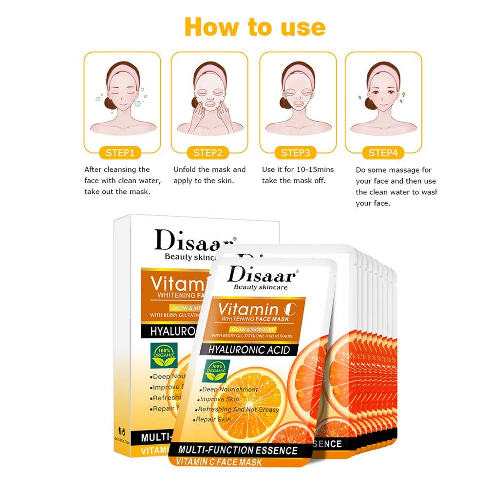 DISAAR BEAUTY Face Mask Hyaluronic Acid Anti-Aging Repair Nourishment Rejuvenating Cleansing Essence Moisturizing Vitamin C 10PCS