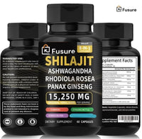 Fusure Shilajit Ashwagandha, Rhodiola Rosea, Panax Ginseng Supplement Capsules for Energy and Health