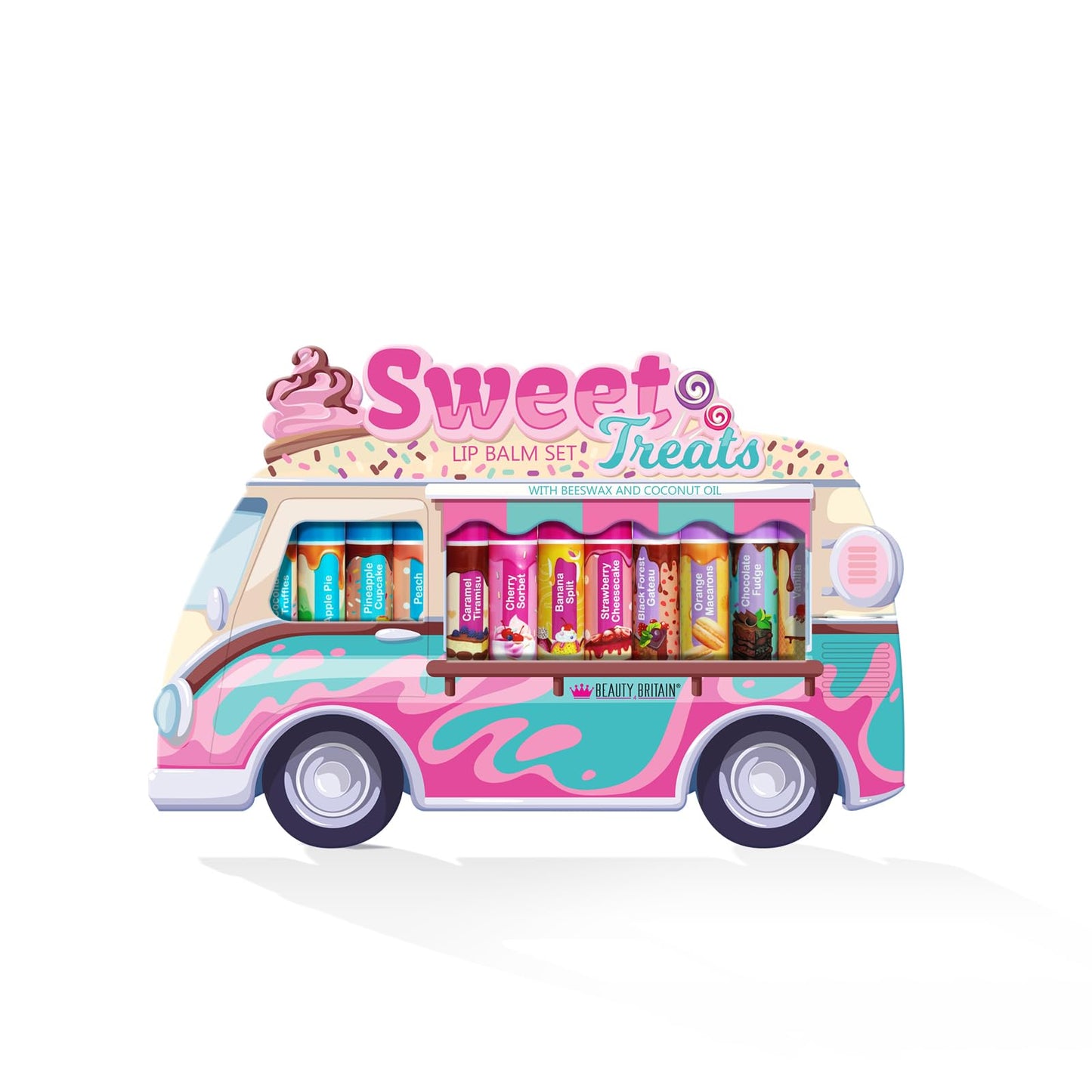 Beauty4Britain Kids Lip Balm Set Sweet Treats - 12 Different Dessert Flavours, Beeswax & Coconut Oil, Colourless, for Girls and Boys