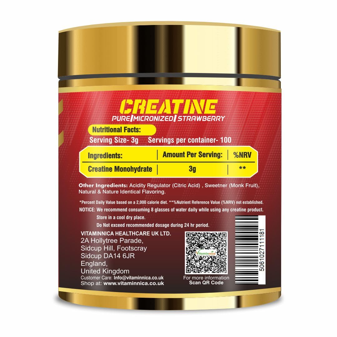 Vitaminnica Because your Health Matters Vitaminnica Micronized Creatine Powder, 100% Pure Creatine Monohydrate Powder for Performance and Muscle Power | 100 Servings, 300 g (300g, Strawberry)