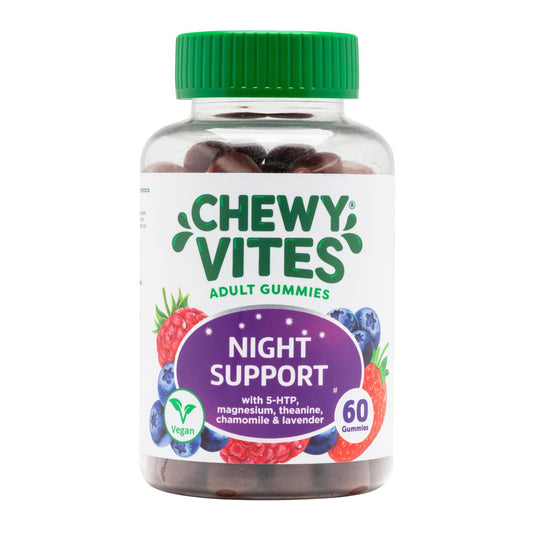 Chewy Vites Adult Gummies Night Support 60 Gummy Vitamins |with 5-HTP,Magnesium, Theanine, Chamomile & Lavender | Non-Melatonin | Herbal Night Support |1 Months Supply | Berry Flavour