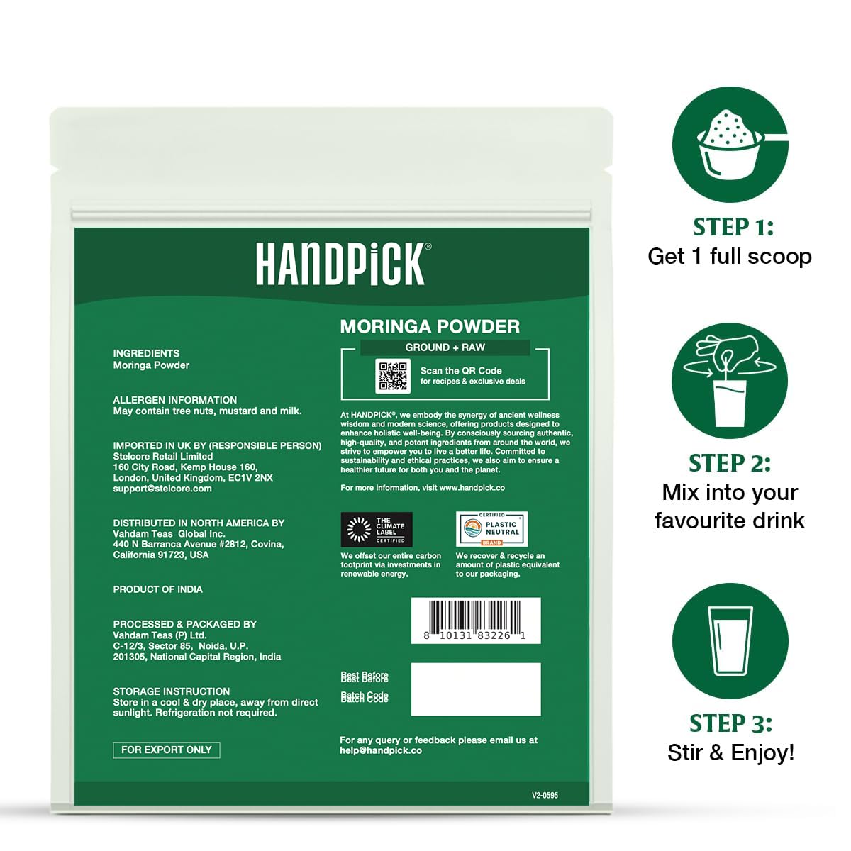 HANDPICK, Moringa Powder (500g/17.6oz) Pure Moringa Oleifera/Moringa Leaves | Resealable Zip Lock Pouch | Perfect for Cooking, Smoothies, Lattes & Moringa Tea