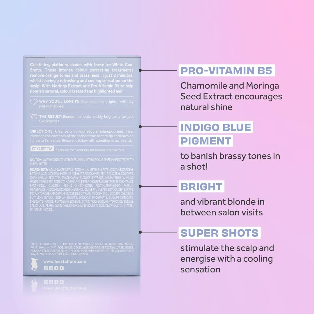 Lee Stafford Blue Pigment Toning Hair Treatments | Bleach Blondes Ice White Hot Shots - Power Dose Treatments, Corrects Brassy & Orange Tones, Great for Highlighted, Cool Hair, 4 x 15ml Doses