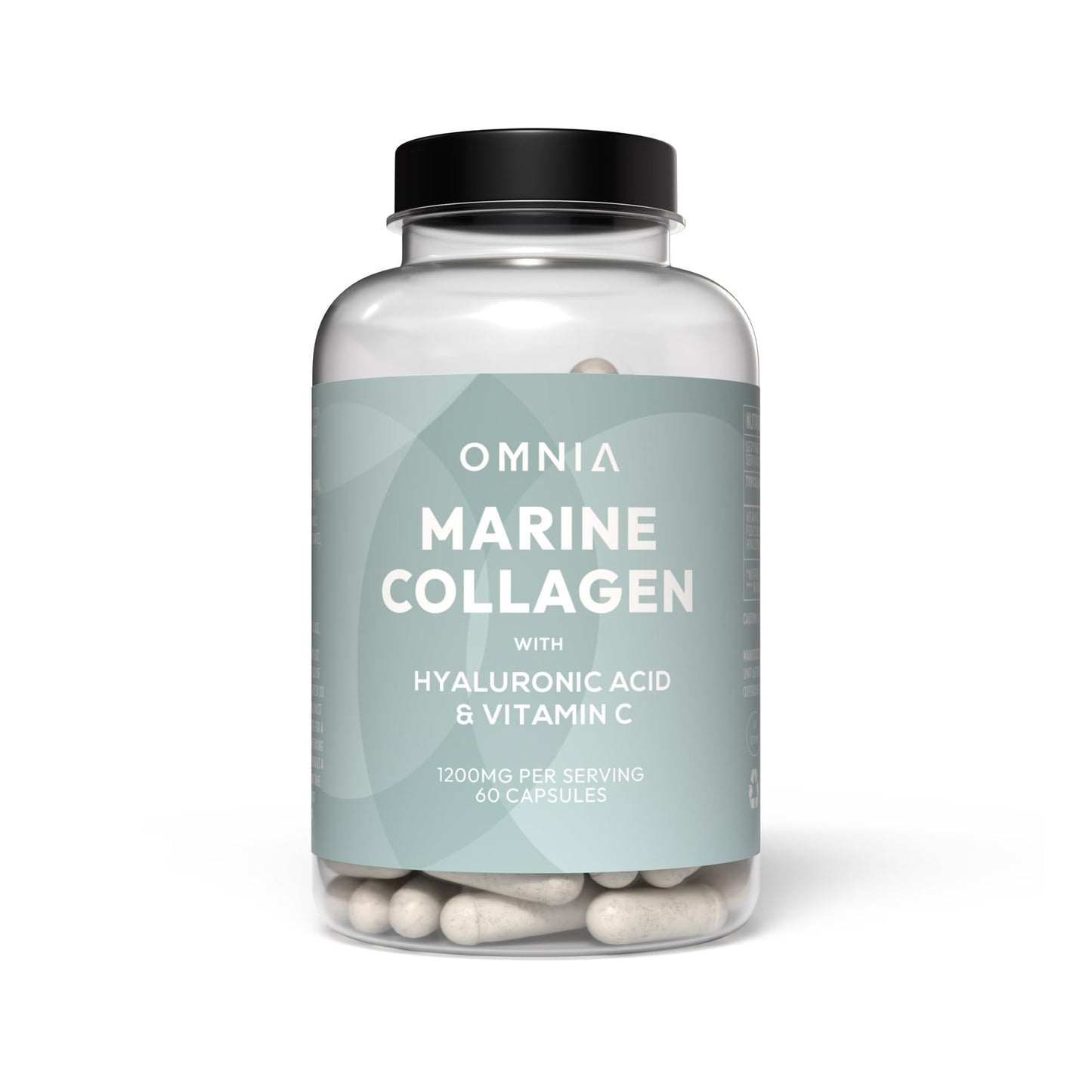 OMNIA Omnia Marine Collagen Capsules 1200mg - High Potency Skin, Hair & Nail Health Formula for Women & Men - with Type I Collagen, Hyaluronic Acid & Vitamin C - 60 Capsules - UK Made
