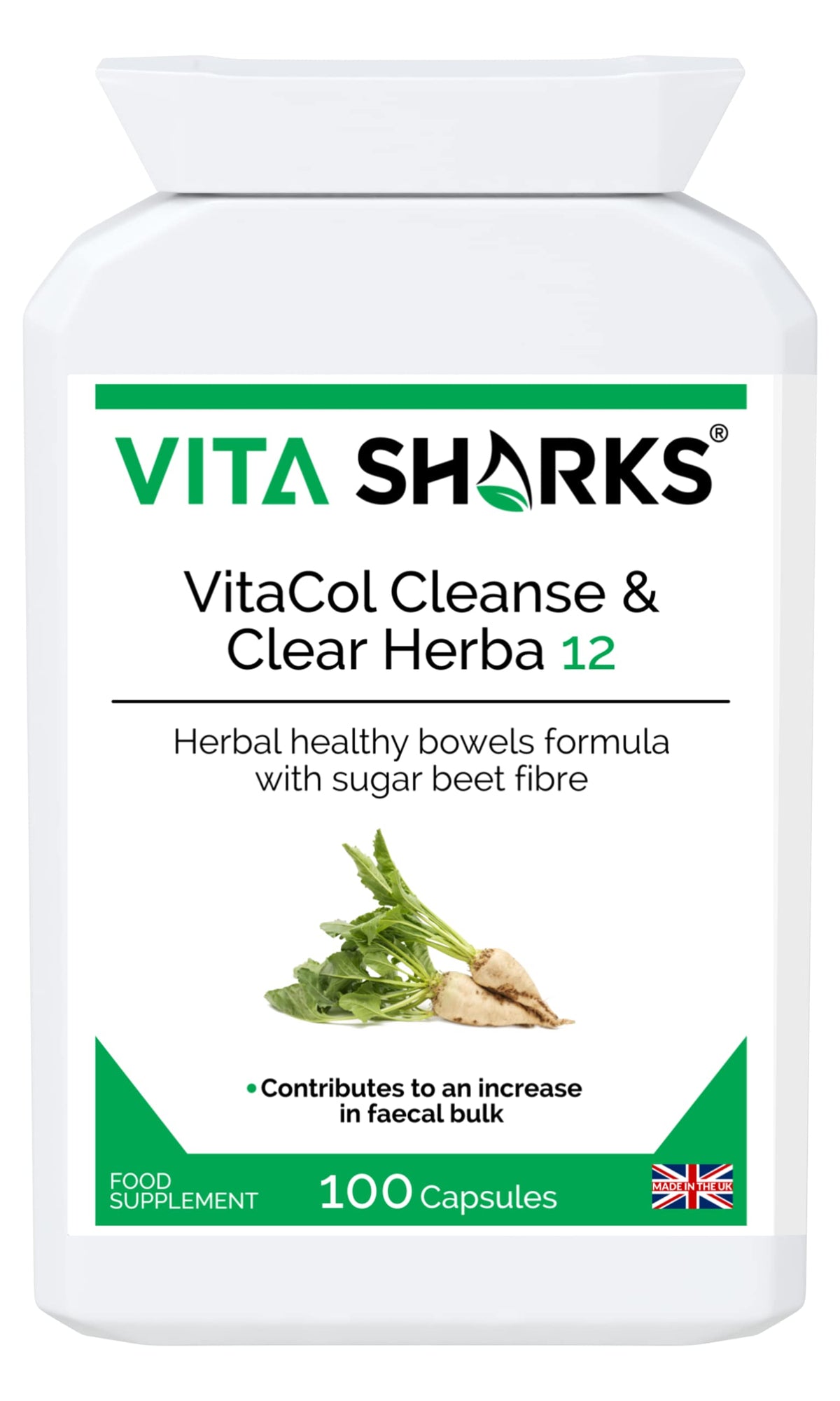 Vita Sharks VitaCol Cleanse & Clear Herba 12 - Fibre Enriched Vegetarian Herbal Colon Cleansing Formula. Increase Faecal Bulk with 12+ Kosher Herbal Ingredients
