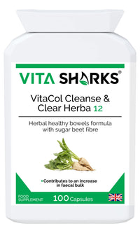 Vita Sharks VitaCol Cleanse & Clear Herba 12 - Fibre Enriched Vegetarian Herbal Colon Cleansing Formula. Increase Faecal Bulk with 12+ Kosher Herbal Ingredients