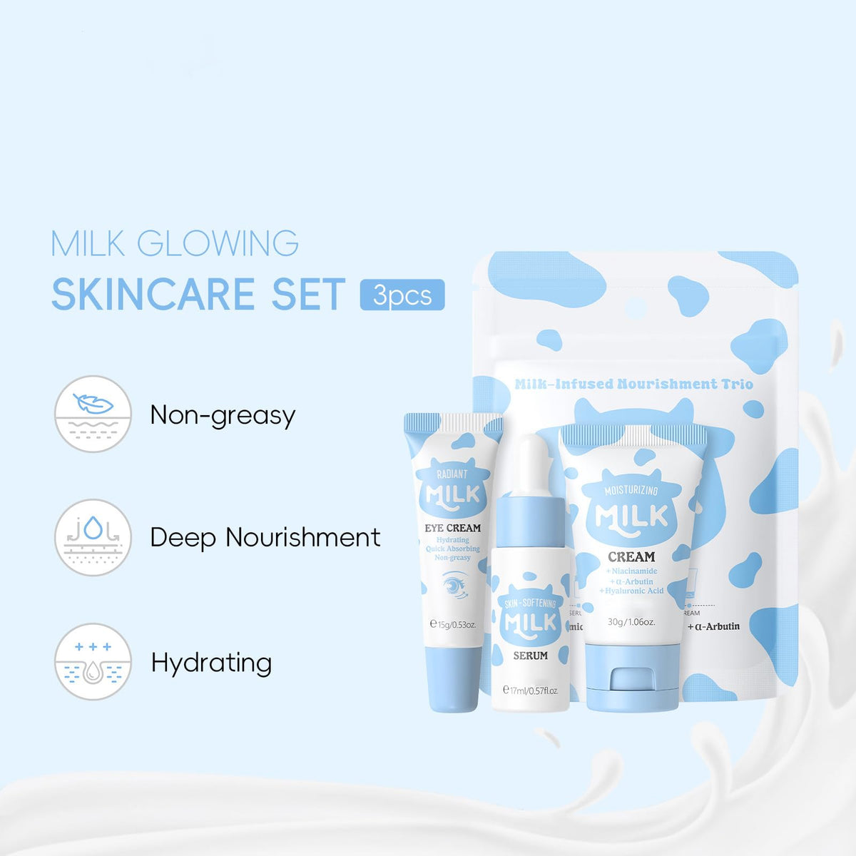 ewku Milk Skin Care Sets & Kits - Teenage Girls Gifts - Milk Skincare Set for Teen Skincare - Gifts For Women - Beauty Gifts Sets For Women - 3PCS Travel Skincare Set with Serum Eye Cream Moisturiser