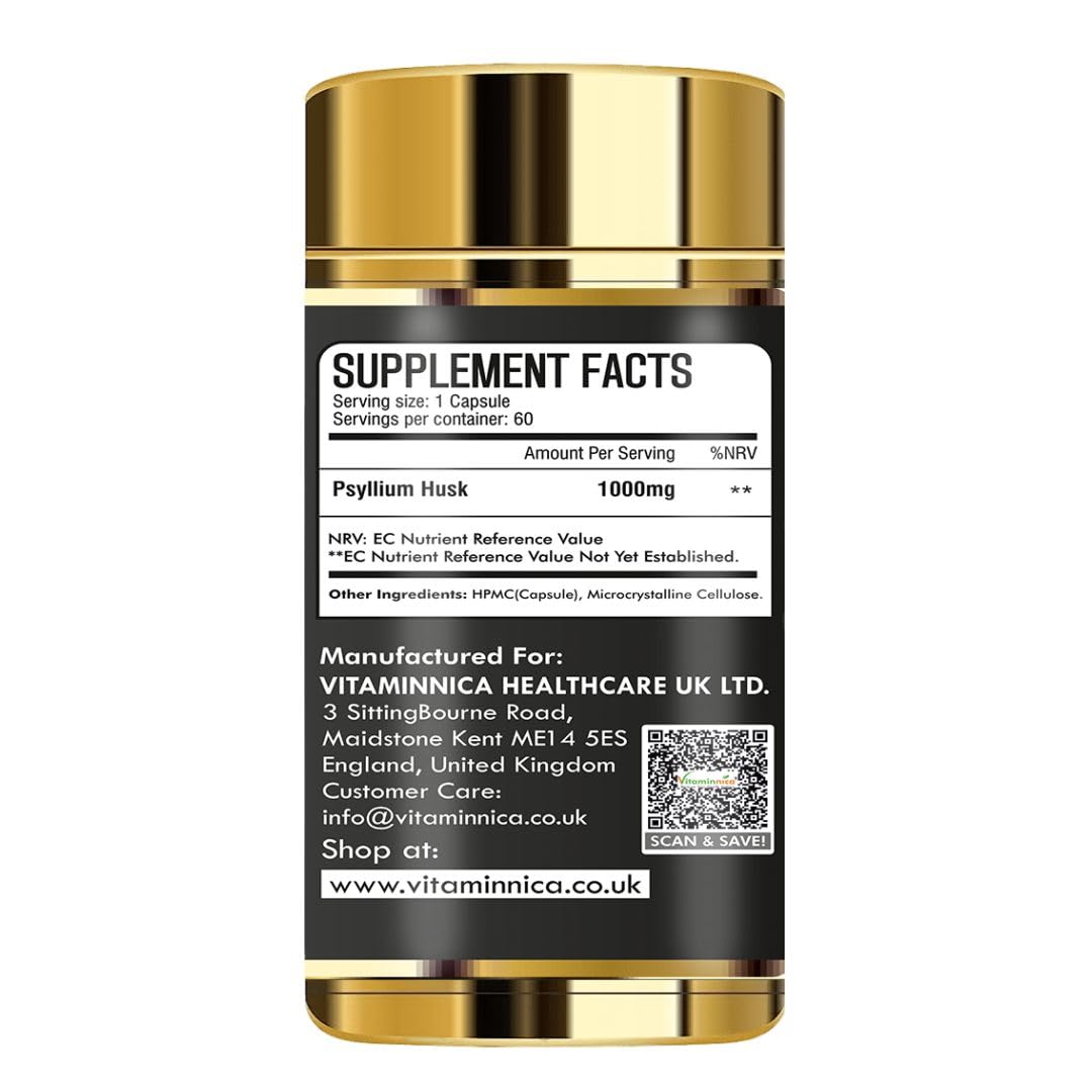Vitaminnica Because your Health Matters Vitaminnica Vita Husk Pysllium Husk Supplement 1000mg- High Fibre Supplement for Digestive Health, Regularity & Weight Management- Vegan & Gluten-Free - 60 Capsules