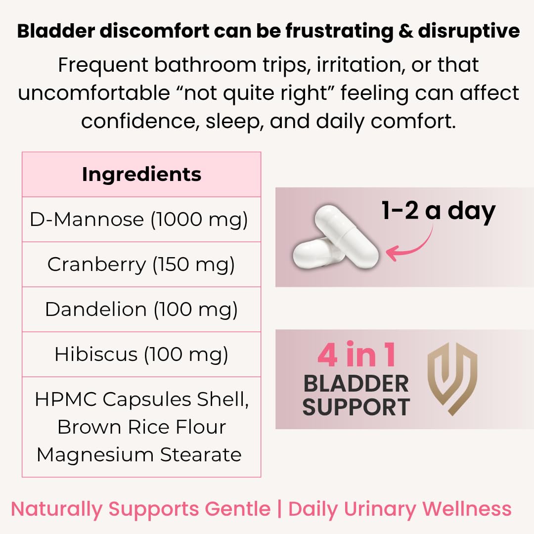 HERA VITALITY D-Mannose & Cranberry Capsules for Women – Urinary Tract & UTI Support Supplement – Bladder Control & Urinary Health Complex with Hibiscus & Dandelion – 60 Vegan Capsules
