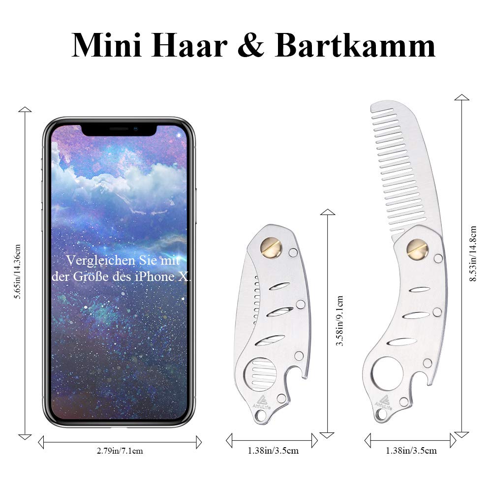 Metal Folding Beard Comb for Men, AhfuLife Moustache Pocket Foldable Comb With Bottle Opener Fits in Keychain, Stainless Steel Hair Beard Mustache Care - Presented in Gift Box (Silver)