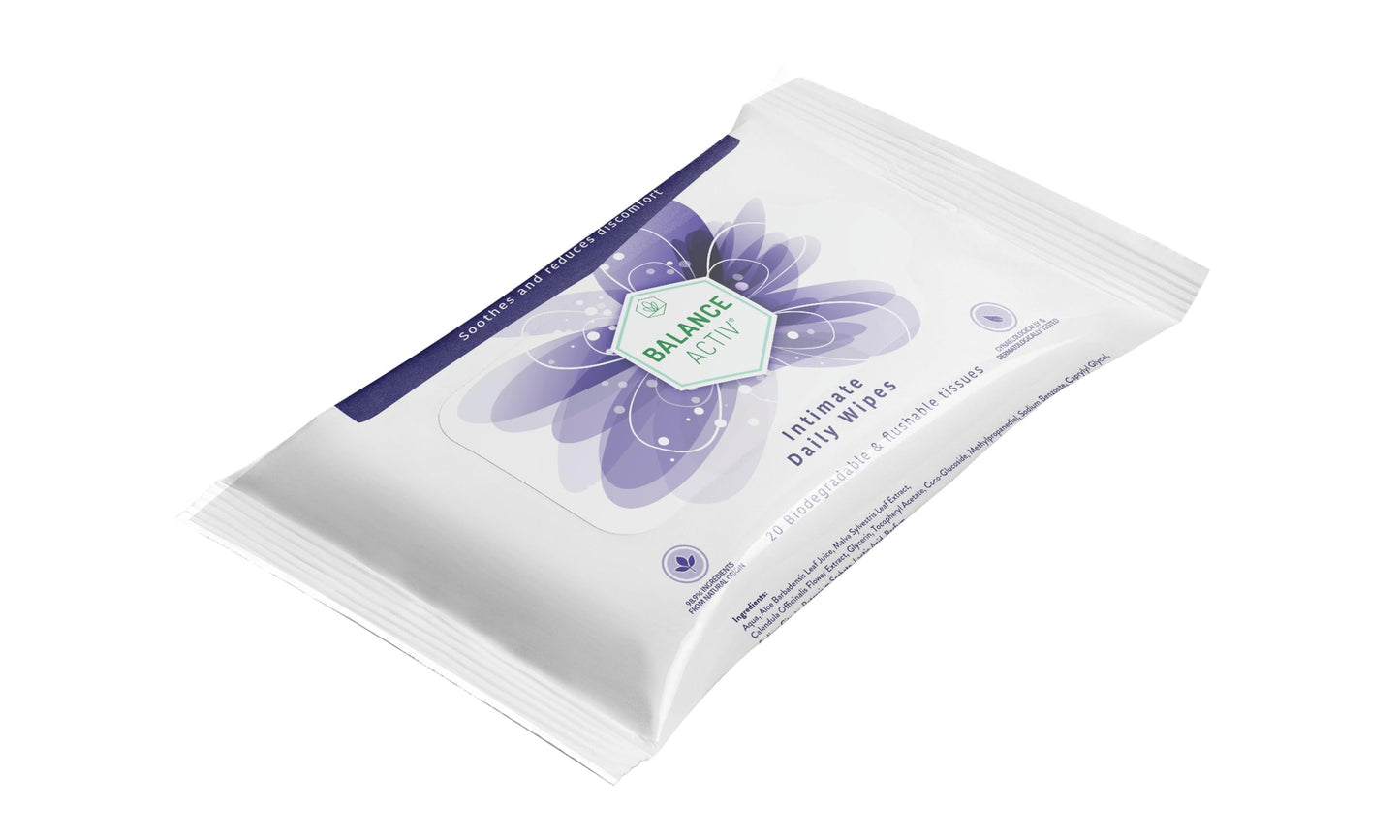 Balance Activ Intimate Wipes, Biodegradable, Flushable & pH Balancing, Natural Extracts of Aloe Vera, Mallow & Calendula to Soothe & Reduce Discomfort, 20 Wipes (Pack of 3)