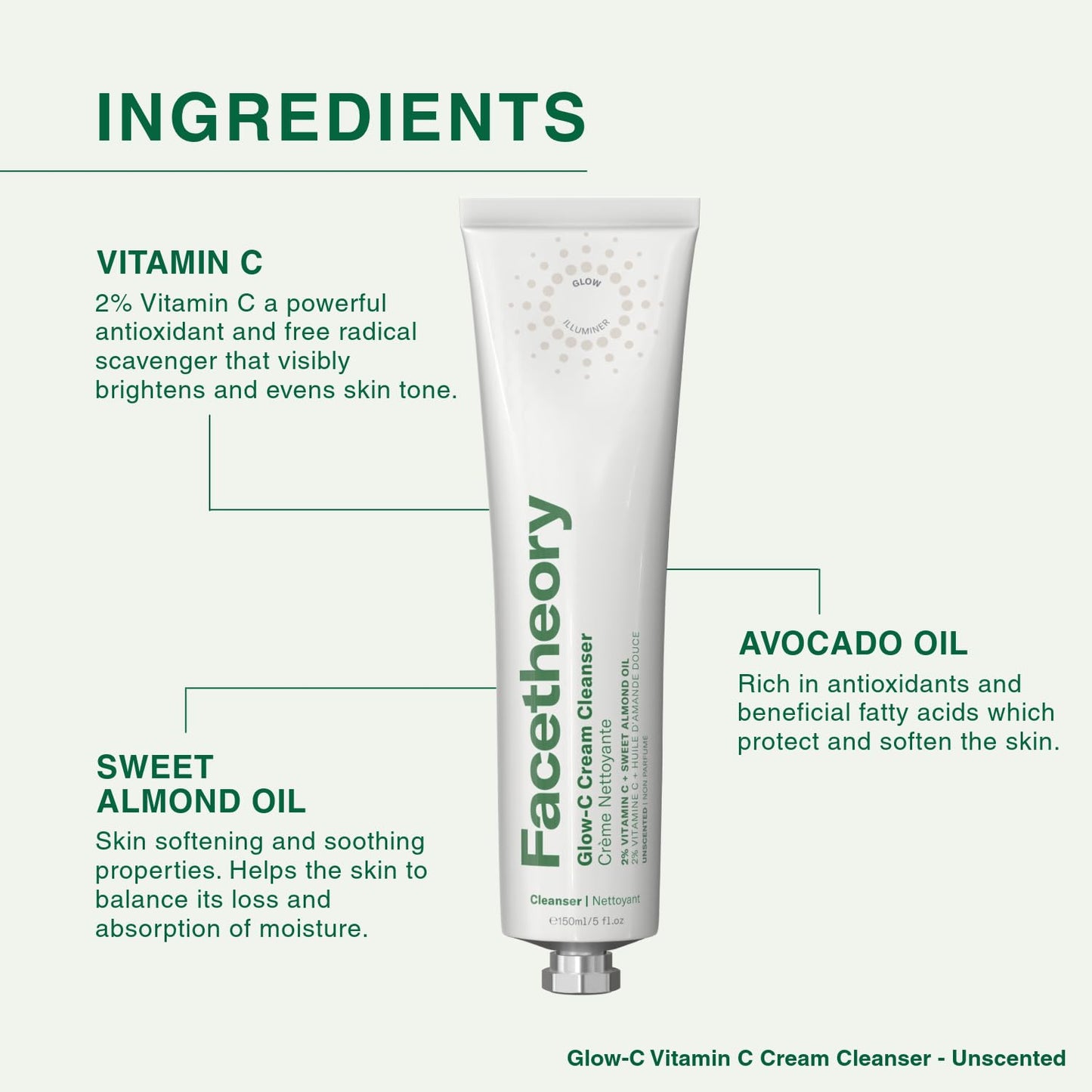 facetheory Glow-C Vitamin C Cream Cleanser - 2% Vitamin C and Sweet Almond Oil, Mandarin Scented, Gentle Daily Face Cleanser for All Skin Types - Helps Brightens Dull Skin and Hydrates, 150ml