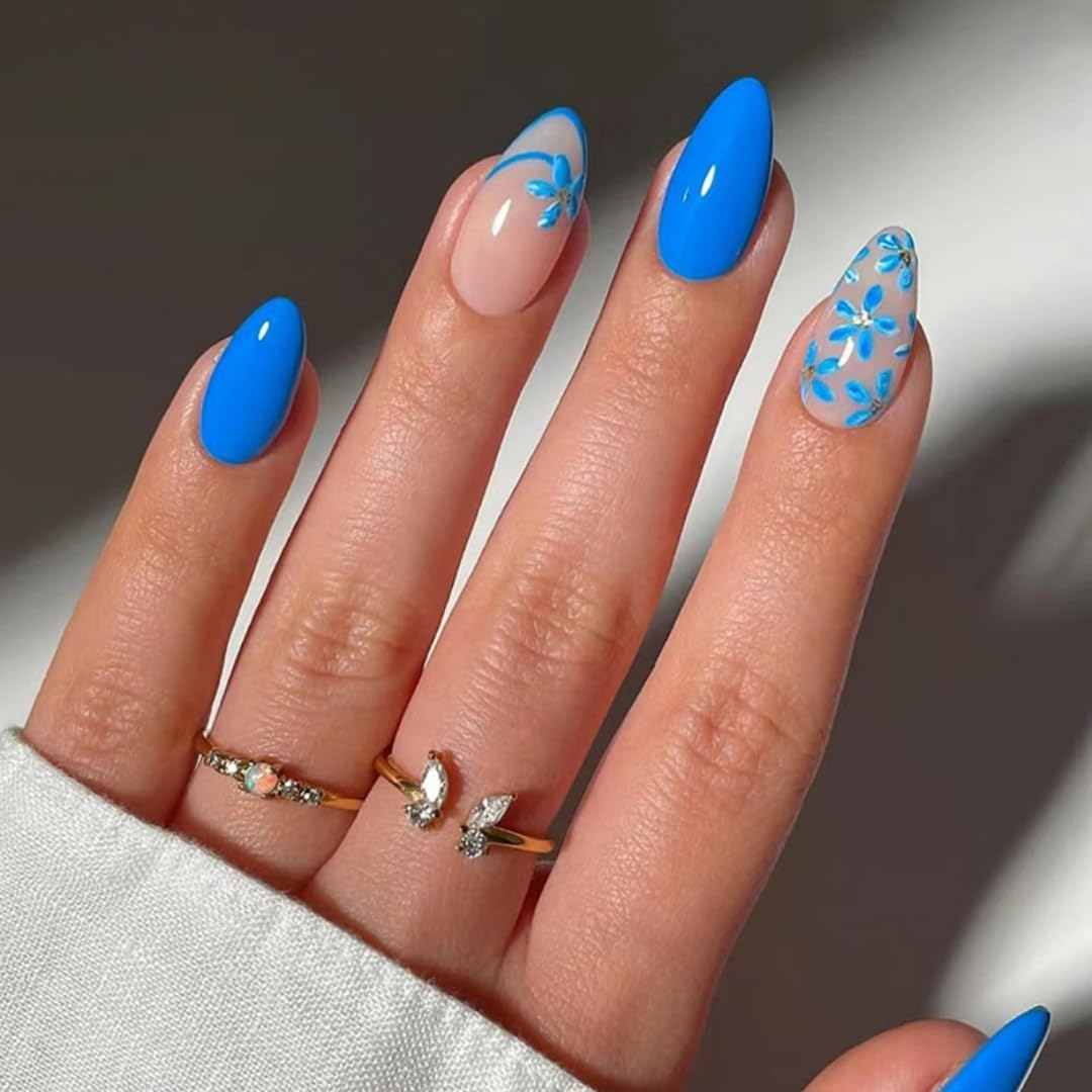 SXVME French Tip False Nails Short Almond, Cute Blue Floral Press on Nails Natural Nude Fake Nails Full Cover Glossy Acrylic Nails for Women Daily Wear 30 Pcs