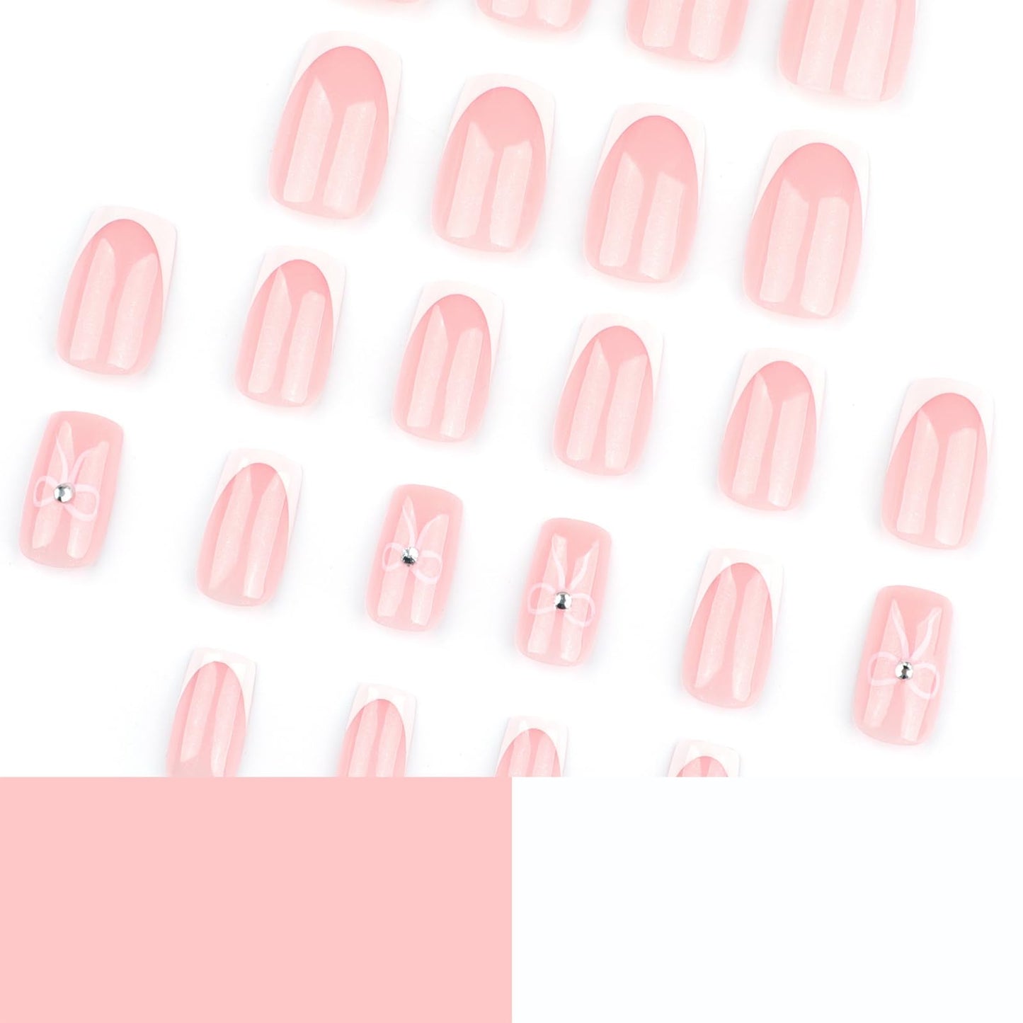 EONFAVE French Tip Nails - 24pcs Medium Square False Nail Tips - 12 Sizes Pink French Fake Nails with Glue - Glossy Full Cover Stick on Nail with Bow Patterns for Women Girls
