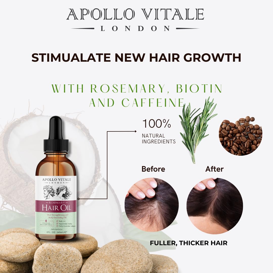 APOLLO VITALE Rosemary Oil for Hair Growth - Ultimate Hair Oil Blend with Rosemary, Biotin, Coffee and Coconut Oil for Dry Damaged Hair & Scalp, Rosemary Hair Serum, Perfect Hair Growth Serum.