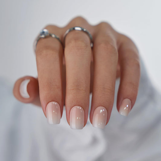 BTArtbox Press On Nails Short - 32 Pcs Ombre False Nails with Glue, Square Soft Gel Fake Nail in 16 Sizes, Natural & Reusable Stick on Nails for Women, Vanilla Cream