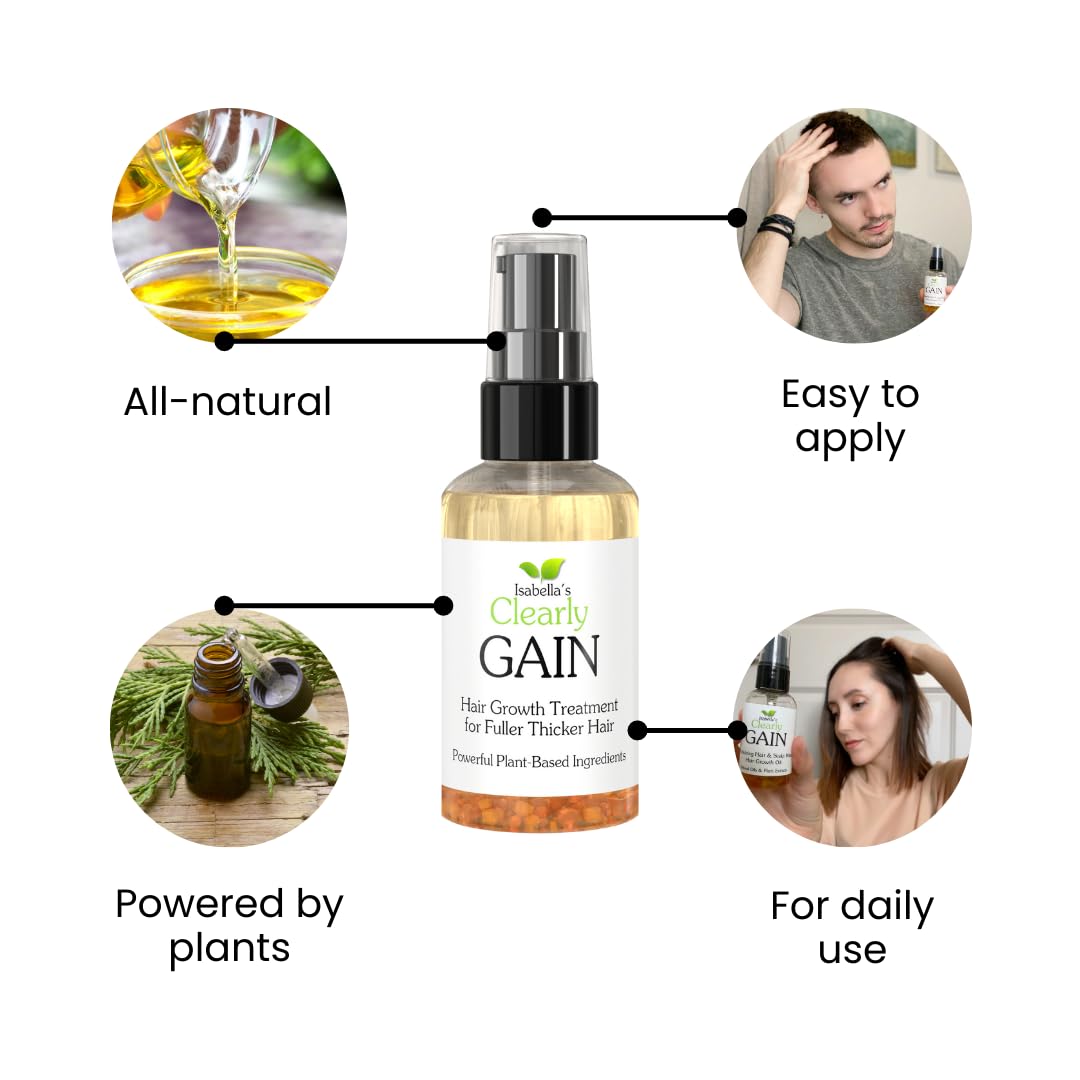 Isabella's Clearly GAIN, Hair Growth Oil and Thickening Scalp Treatment for Men and Women | Natural Herbal Serum with Castor, Clary Sage, Rosemary, Nettle Extract for Hair Loss, Alopecia, Thinning Hair