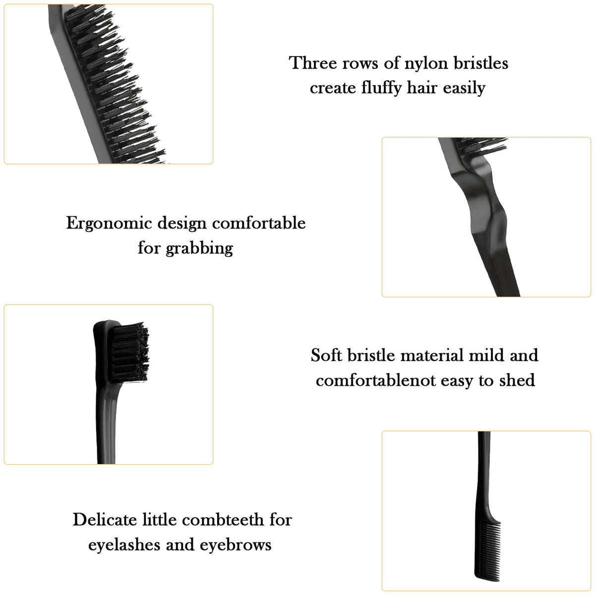 Luoqun88 3 Pcs Slick Back Hair Brush Set - Double Sided Edges Brush, Rat Tail Comb & Bristle Hair Brush for Women, Hairdressers, Salon Styling (Black)