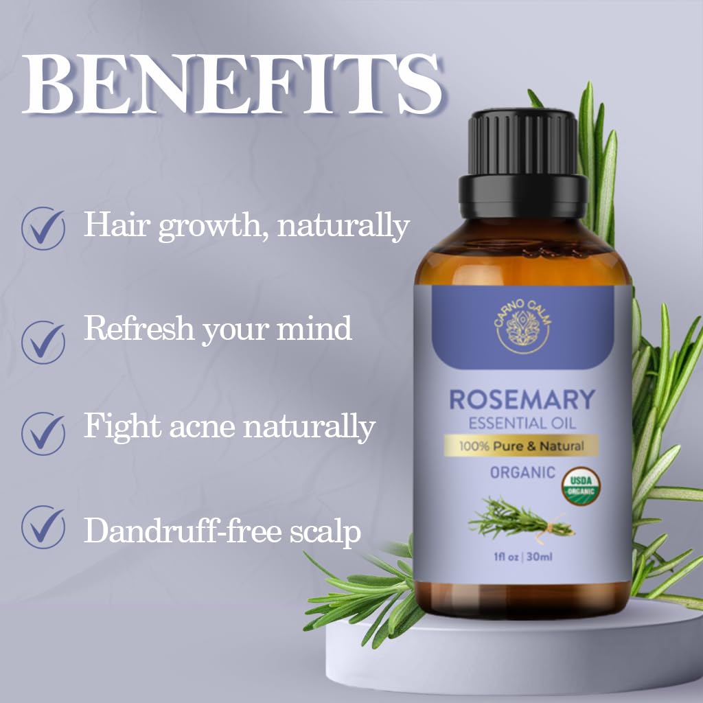 Carno Calm Organic Rosemary Essential Oil 30ml – 100% Pure & Natural | Therapeutic Grade Rosemary Oil for Hair Growth, Skin, Aromatherapy & Diffuser – 1 fl oz