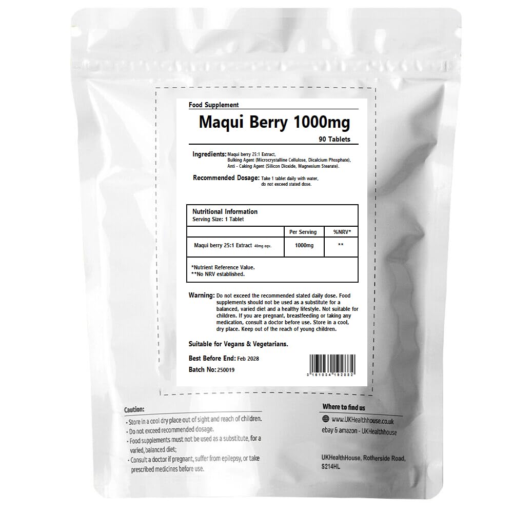 UKHealthHouse Maqui Berry Tablets 1000mg | Maqui Berry Extract Tablets | Potent Natural Antioxidant Support | Vegan & Vegetarian Friendly | Health & Wellbeing | UK (90 tabs)