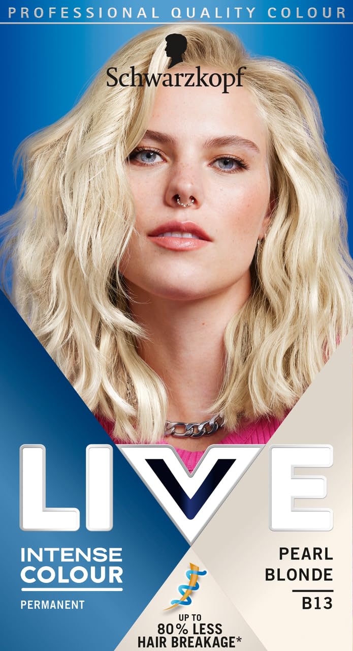 Schwarzkopf LIVE Intense Colour Pearl Blonde Permanent Hair Dye B13, Light Blonde Hair Dye, Long Lasting Blonde Hair Colour for Up to 80% Less Hair Breakage,Hair Lightener Lightens hair up to 3 levels