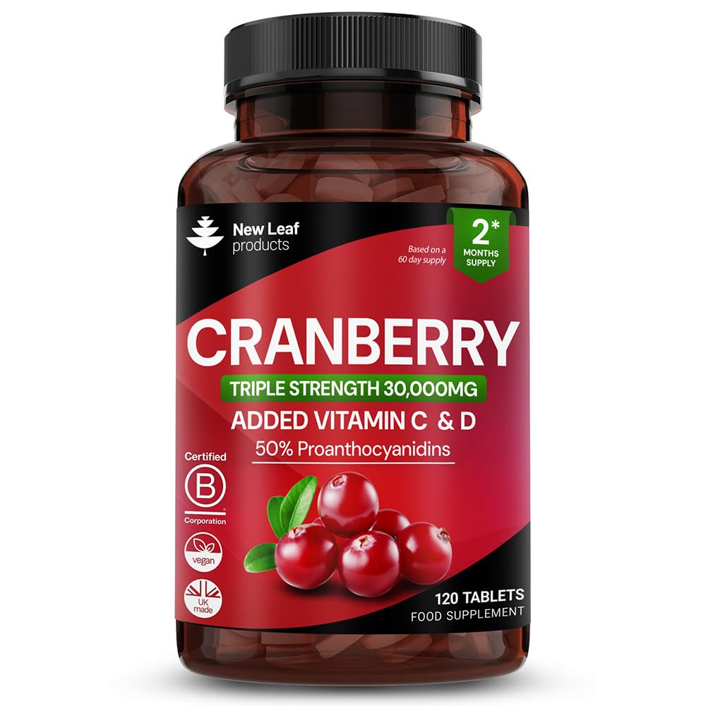 NEW LEAF PRODUCTS Cranberry Tablets Triple Strength 30,000mg - Added Vitamin C & D - 120 Cranberry Supplements Cranberry Supplements for Women and Men - Vegan Cranberry Tablets for Women Made in UK by New Leaf