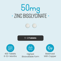 Zinc Supplements with Copper for Men & Women | 50mg Daily | 400 Tablets | 6+ Months | Contributes to Maintenance of Normal Testosterone Levels, Fertility and Reproduction & Metabolism | VitaBright