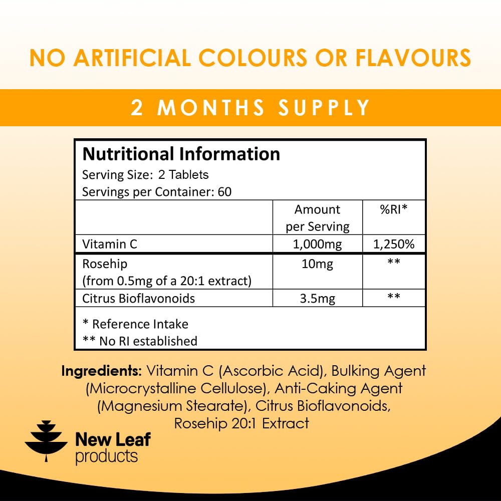 Vitamin C Tablets 1000mg - Premium Vitamin C Supplements - Enriched With Bioflavonoids & Rosehip Vegan & Vegetarian Vitamin C Tablets High Strength Ascorbic Acid Vit C for Normal Immune System UK Made