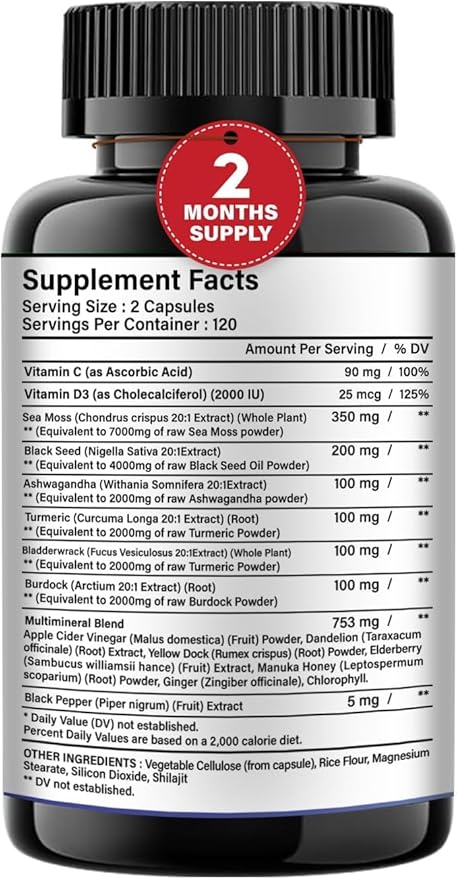 NIWEDAH Sea Moss 7000mg Ashwagandha 2000mg Black Seed Oil 4000mg Turmeric 2000mg Bladderwrack 2000mg Burdock 2000mg & Ginger Vitamin C Vitamin D3 with Elderberry Manuka Dandelion Yellow Dock (120 Capsules)