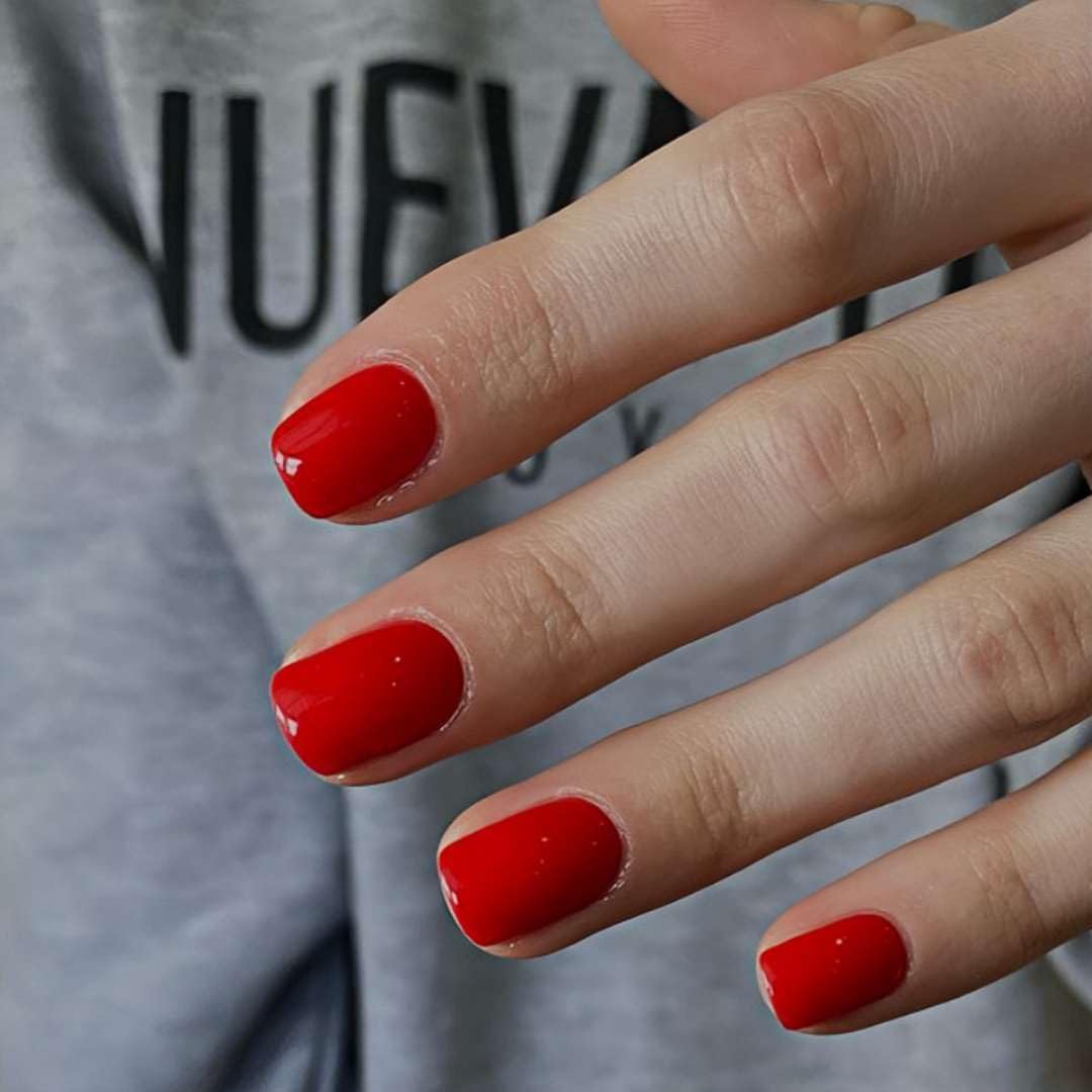 SXVME Light Red Press on Nails Short Square Acrylic Short False Nails Coffin Natural Acrylic Fake Nails Set Elegant Solid Color Full Cover Glossy Gel Stick on Nail for Women Daily Wear 24 Pcs