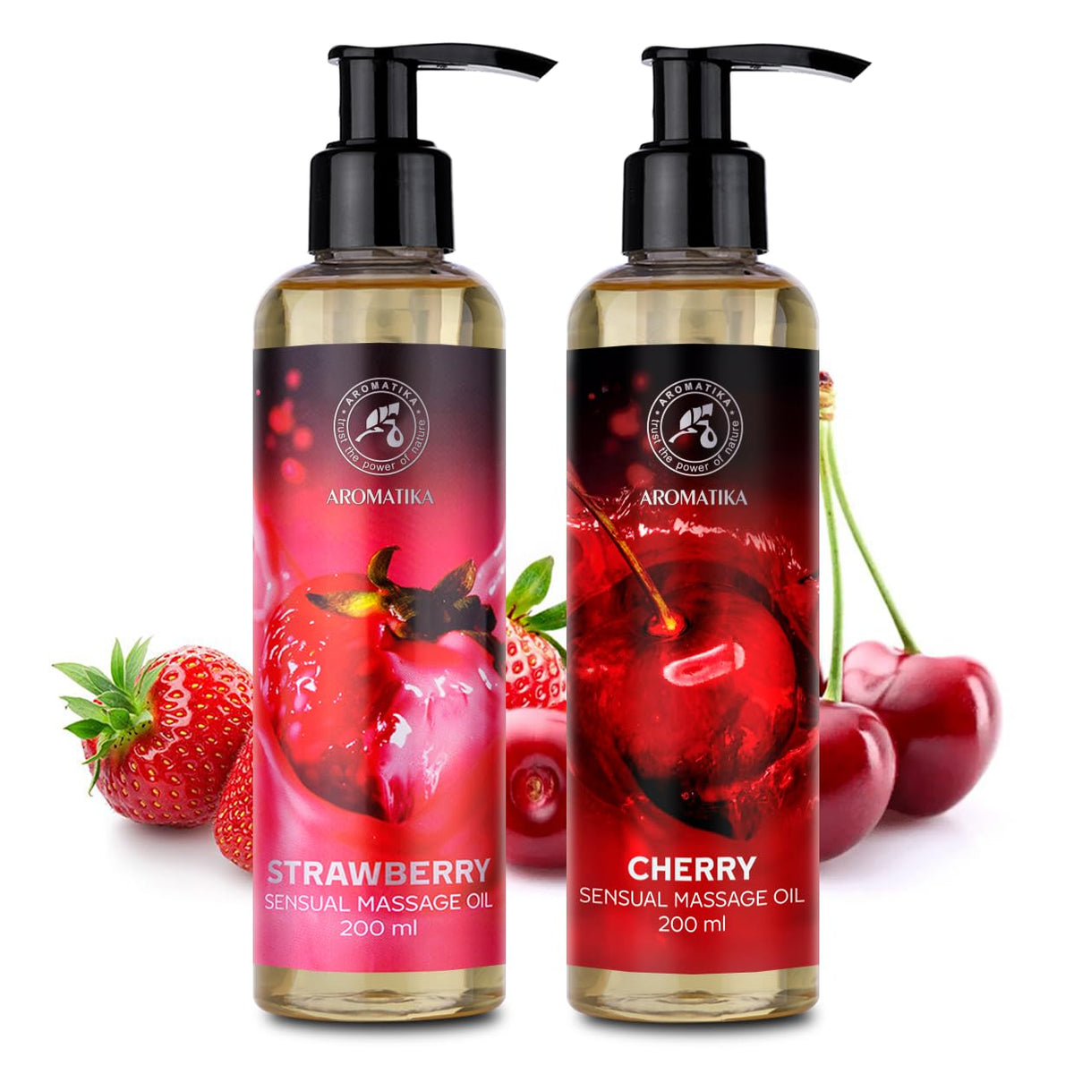 AROMATIKA trust the power of nature Sensual Massage Oil Set 2 x 200ml - Strawberry & Cherry - Blend of Almond and Grapeseed Oils - Edible & Kissable Massage Oil - Body Oil for Him & Her - for Couples - Romantic Gift - Relaxing Oil