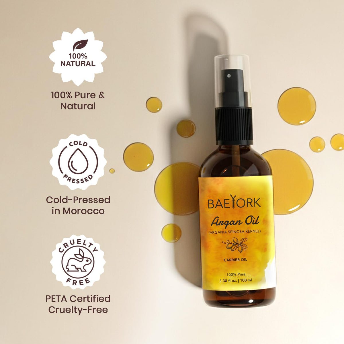 BAEYORK Baeyork 100% Moroccan Pure Natural Argan Oil for Face & Body 100ml (3.4 fl. oz) – Rich in Vitamin E for Healthy Skin, Hair & Nails.