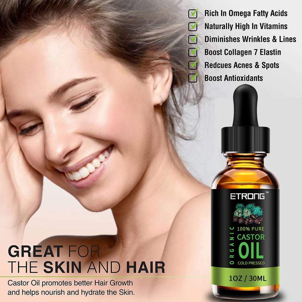 ETRONG Organic Castor Oil,Pure Cold Pressed Castor Oil for Eyebrows,Eyelashes,Hair Growth,Nails,and Skin with 5 Sets of Eyebrow&Eyeliner Brushes (30ml)