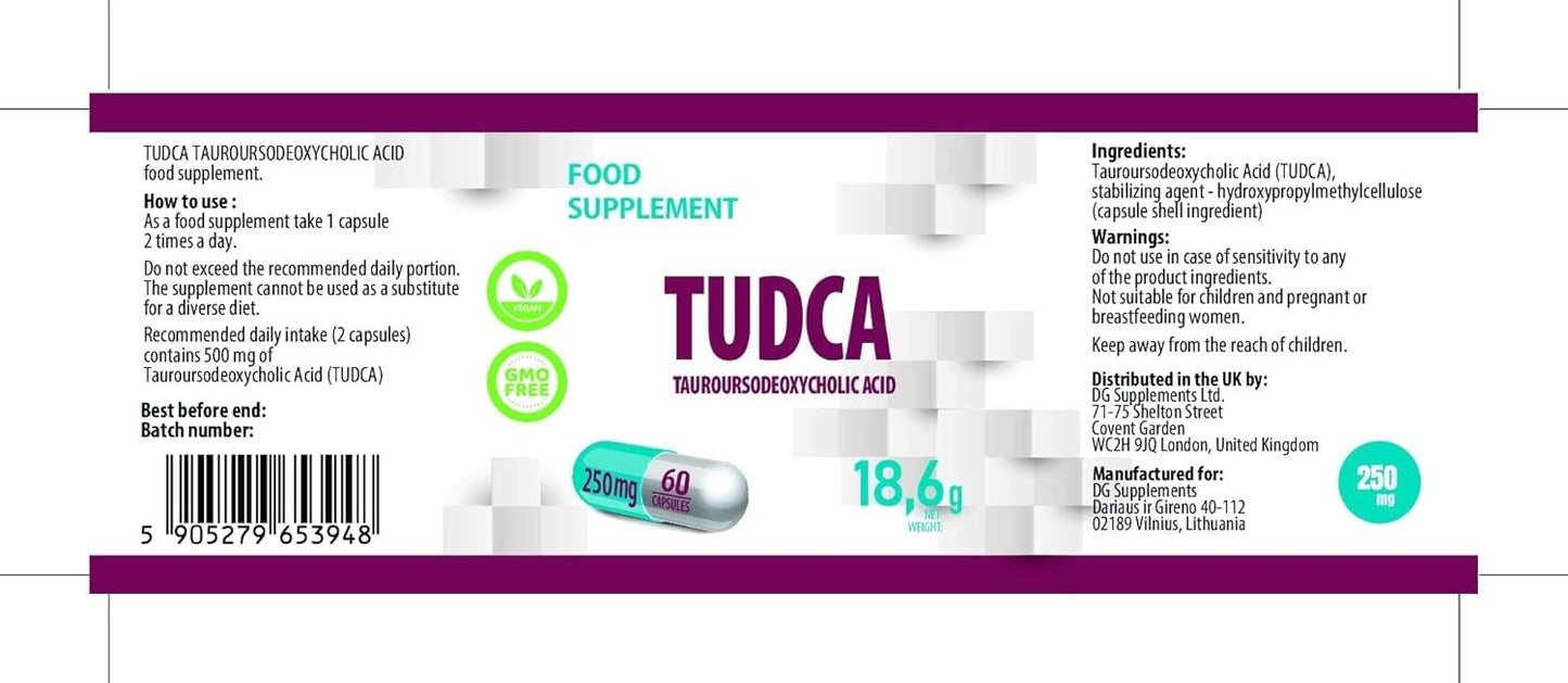 Hepatica TUDCA 250mg | Tauroursodeoxycholic Acid | 500mg Daily Serving | 60 Vegan Capsules | 1-Month Supply | 3rd Party Lab Tested