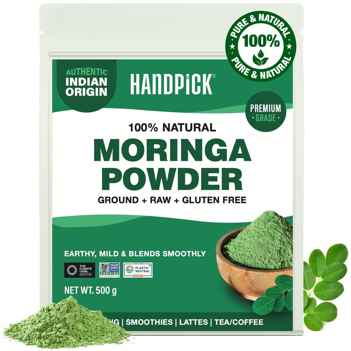 HANDPICK, Moringa Powder (500g/17.6oz) Pure Moringa Oleifera/Moringa Leaves | Resealable Zip Lock Pouch | Perfect for Cooking, Smoothies, Lattes & Moringa Tea