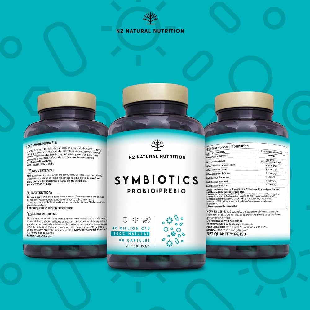Pre and Probiotics for Gut Health. Probiotic Complex with 40 Billion Probiotic Bacteria. Probiotics for Intestinal Flora and Relief of Digestive Discomfort. 30 Capsules. N2 Natural Nutrition.