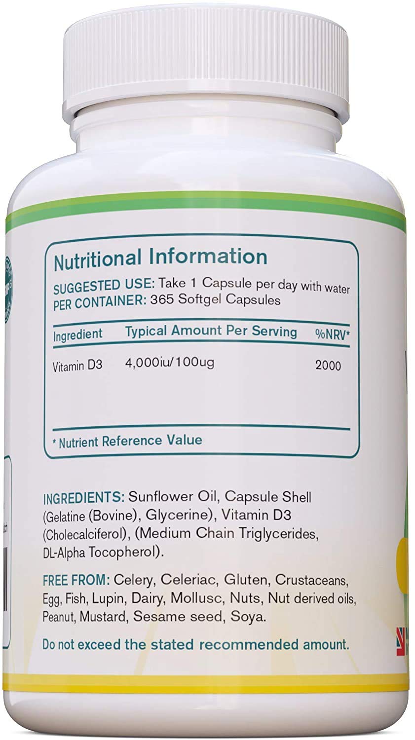 Premium High Strength Vitamin D3 4000iu Supplement | 365 Easy to Swallow Softgel Capsule | One a Day, Year Supply | Supports Healthy Bones, Teeth, Muscle and Immune System | UK Made