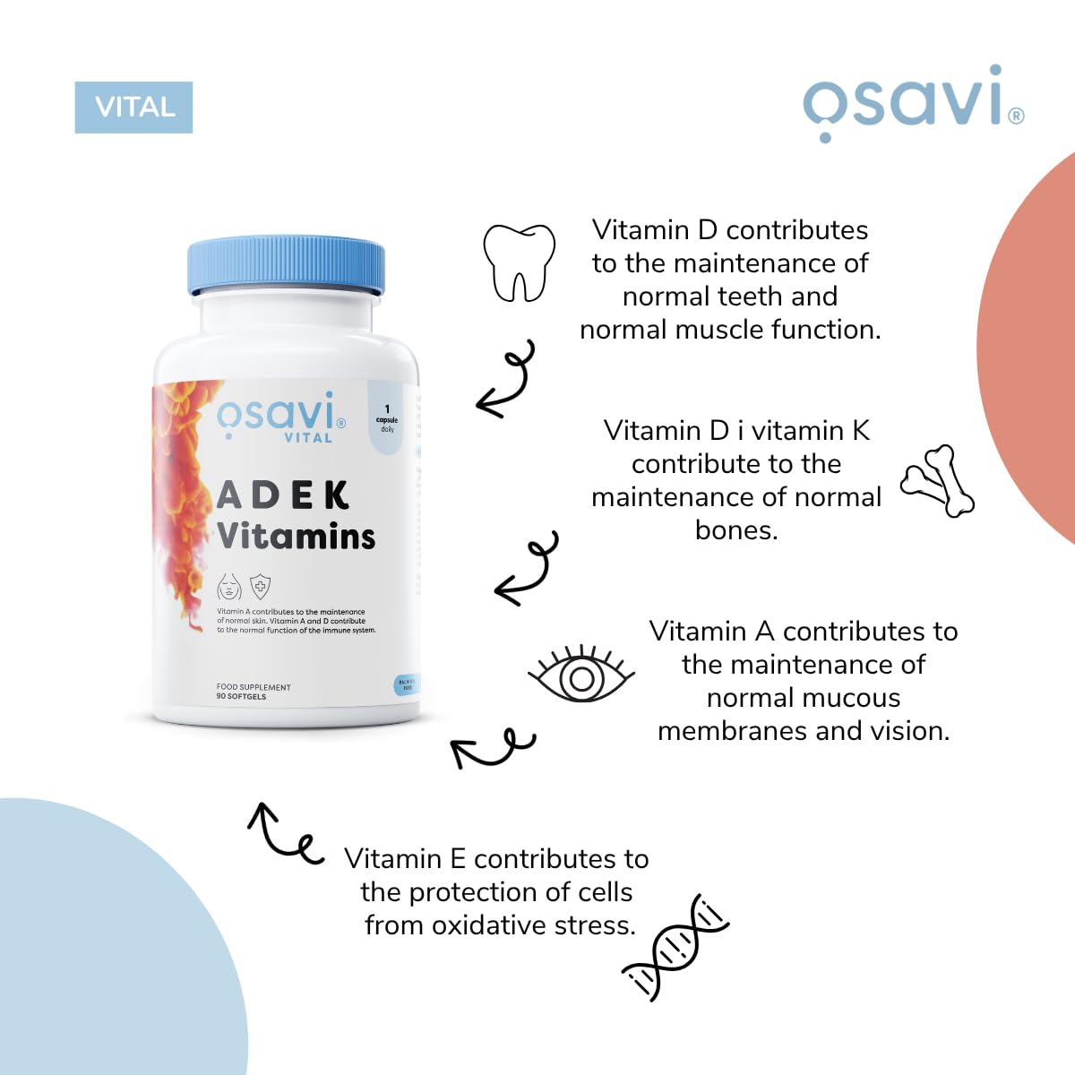 OSAVI Osavi ADEK Vitamins – 60 Softgels | Supports Immunity, Bones & Skin | Natural Beta–Carotene, D3, E & K2 for Immune Defense, Strong Bones, Healthy Skin, Vision & Muscle Function