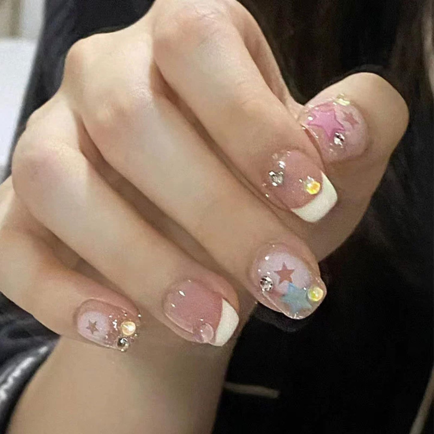 Maggidea French Cute False Nails Extra Short Kids Stick on Nails with Mermaid Bubble Beads 24pcs Square Press On Nails with Glue Sweet Colour Design Funny Fake Nails for Women (Sweet Heart)