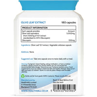 Health4All Olive Leaf Extract 180 Capsules. 20% Oleuropein, Purest, No Additives, Vegan, Non-GMO, Gluten Free Antioxidant Supplement for Immune Support, Blood Pressure and Cholesterol Support