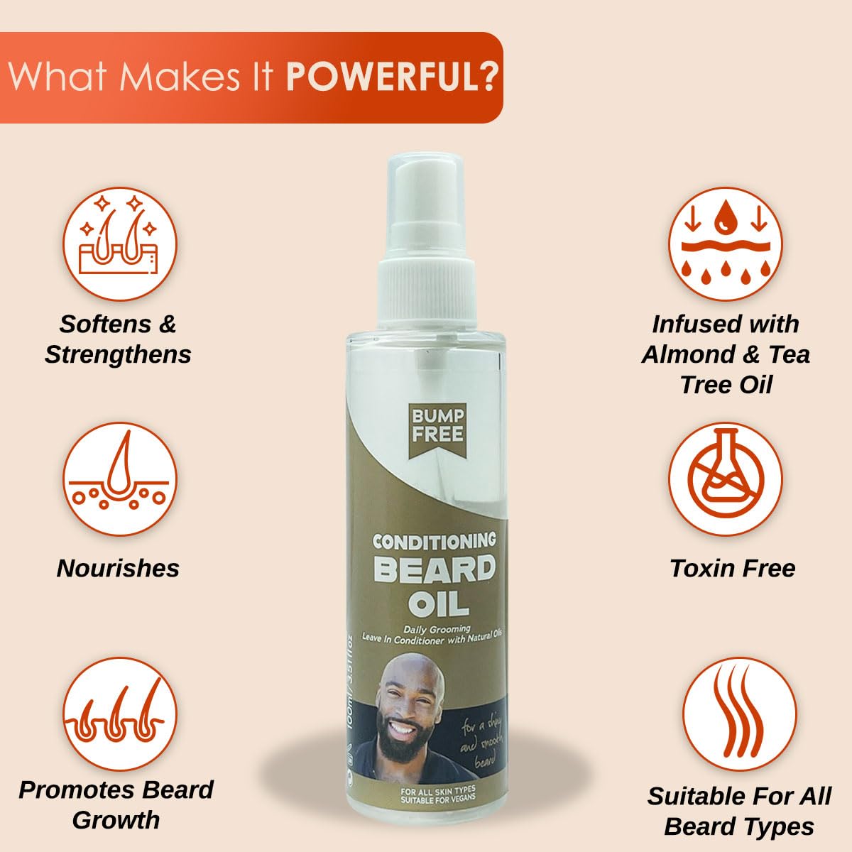 Bump Free Conditioning Beard Oil for Men 100ml – Moisturises & softens facial hair, soothes skin, reduces razor bumps & itchiness, promotes healthy beard growth.absorbs fast with no greasy residue