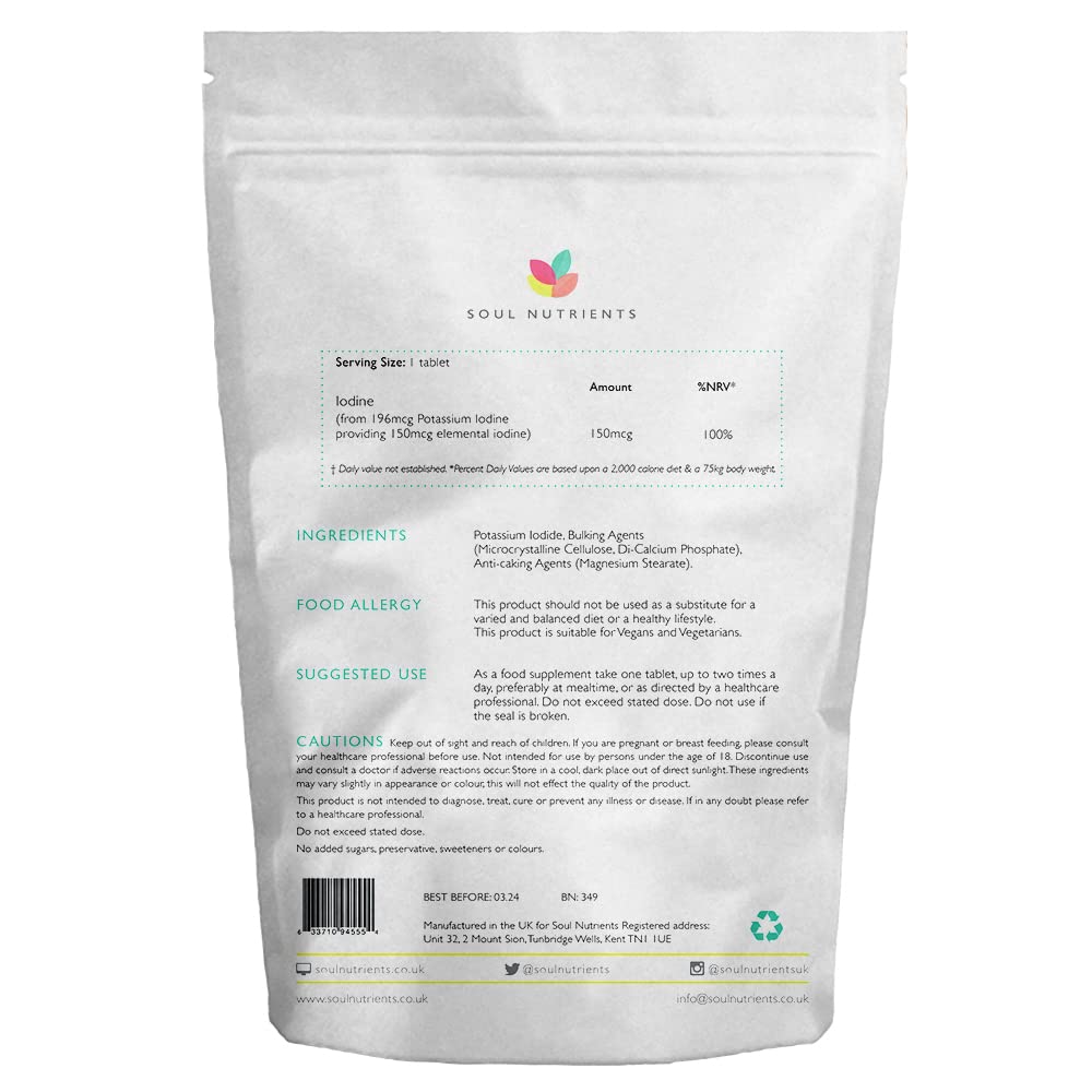 Iodine 150mcg 500 Tablets | Max Strength Potassium Iodine | Pregnancy Health & Thyroid Supplement | Vegan UK Made | GMP Approved | Soul Nutrients