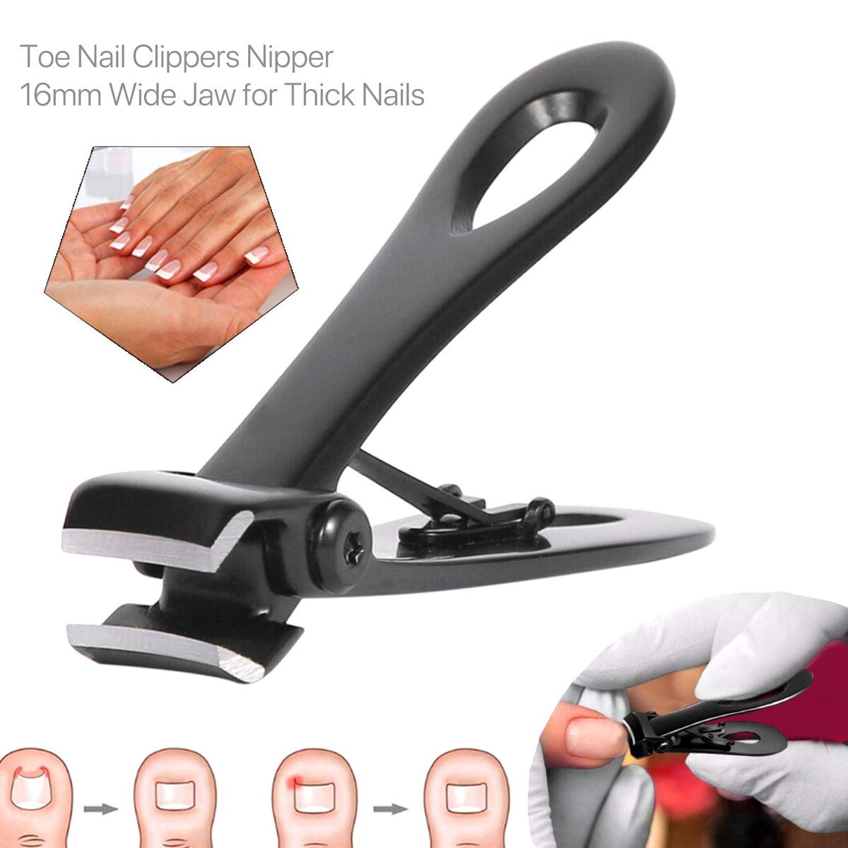 AyeVision Nail Clippers 16mm Wide Large Jaw Opening for Thick Nail Stainless Steel Black Fingernail and Toenail Nipper Cutter Podiatry Trimmer Pedicure Manicure Kit